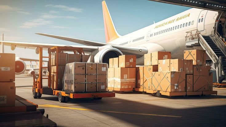 download large boxes of goods are loaded onto transport planes, international freight transport for free